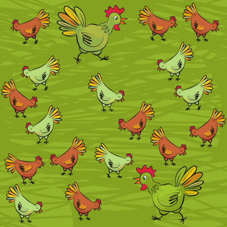 chicken farm green and brown hens free run on fresh grass on sunny summer day animal wildlife illustration on dark green background のイラスト素材