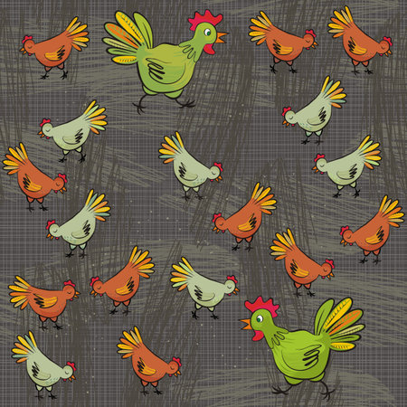 chicken farm green and brown hens free run animal wildlife illustration on dark background のイラスト素材