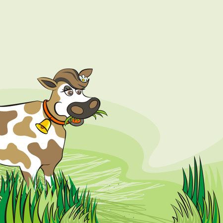 happy eating cow free run on sunny summer day animal l farm life illustration on green background のイラスト素材