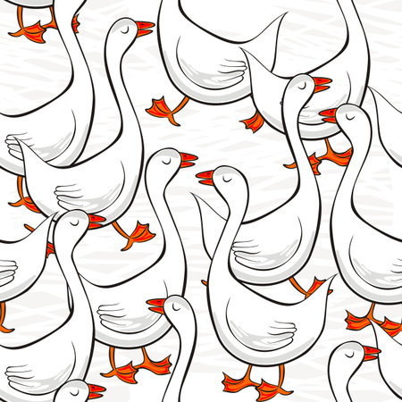 white gooses free run on sunny summer day animal farm life illustration on messy white background seamless pattern のイラスト素材