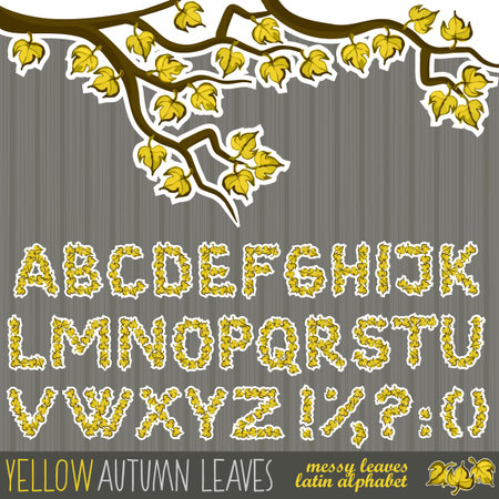 latin alphabet yellow messy leaves big letters and signs autumn set isolated on dark patterned background のイラスト素材