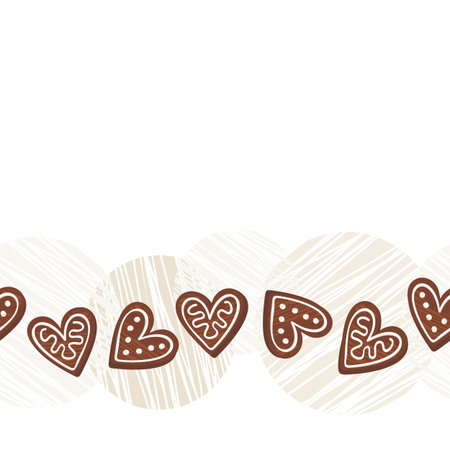 sweet heart shaped gingerbread cookies on messy light scratches seamless horizontal border on white background のイラスト素材