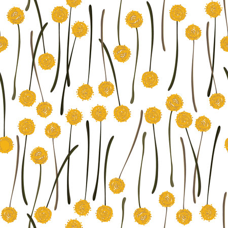 messy billy balls craspedia beautiful yellow flowers on white background botanical seamless pattern のイラスト素材