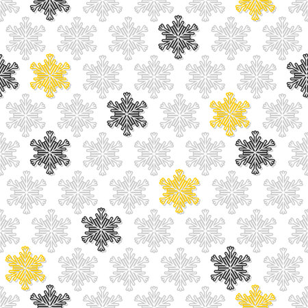 light and dark gray and yellow line snowflakes in regular rows winter seasonal seamless pattern on white background のイラスト素材