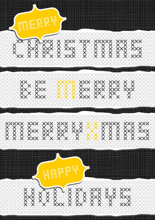 Merry Christmas stitched embroidered yellow gray torn Christmas wishes set on dark background のイラスト素材