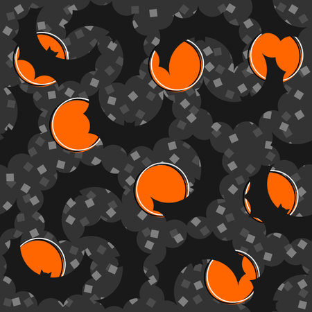 flying bats on dark sky with orange full moon Halloween decoration elements on dark background seamless patternのイラスト素材