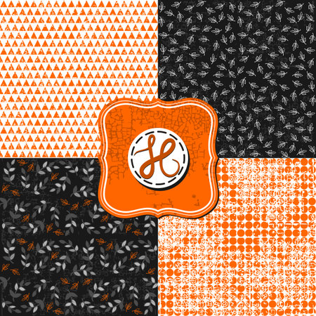little leaves triangles and dots black white orange holiday Halloween backgrounds set with vintage framesのイラスト素材