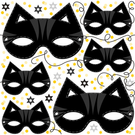 cat mask animal party disguise with sparkling gold stars holiday seamless pattern on white background のイラスト素材