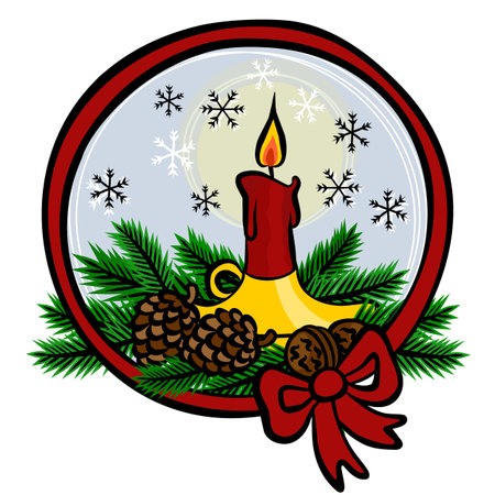 red candle in gold candlestick on green pine branches with red ribbon around winter holidays Christmas New Year time illustration isolated on white backgroundのイラスト素材