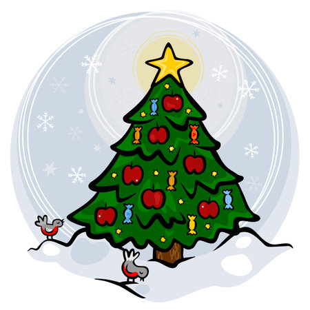 beautiful Christmas tree with red apples and colorful candy winter holidays Christmas New Year time illustration isolated on white background のイラスト素材