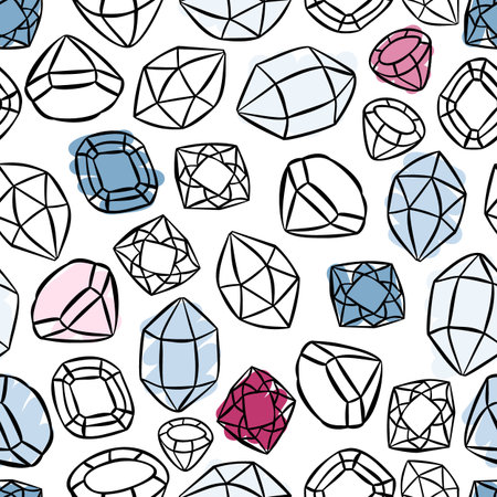 colorful beautiful shining crystals diamonds precious stones seamless pattern on white background のイラスト素材