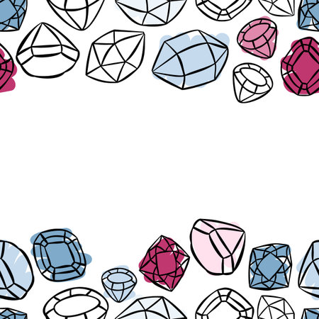 colorful beautiful shining crystals diamonds precious stones seamless horizontal double border on white background with place for your textのイラスト素材