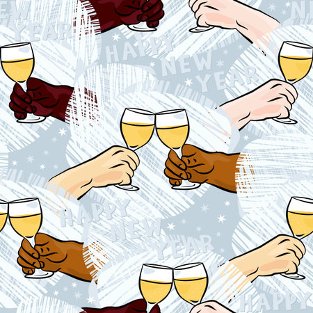 many different human hands with glasses of champagne making toast colorful happy new year party holiday seamless pattern on blue background のイラスト素材