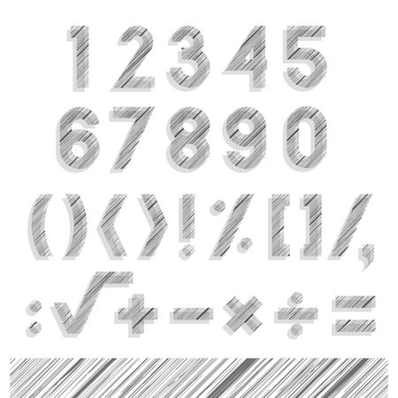 monochrome lined flat sign and symbol set delicate patterned numbers and mathematical elements with shadow isolated on white backgroundのイラスト素材