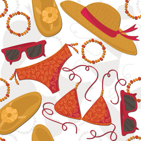 bikini hut sunglasses bracelets flip flops summer outfit illustration elements on white background seamless patternのイラスト素材