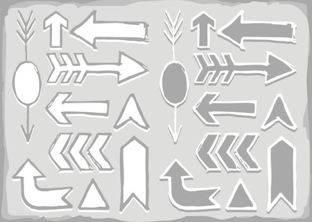 monochrome hand drawn different shaped arrow set isolated on gray background  のイラスト素材