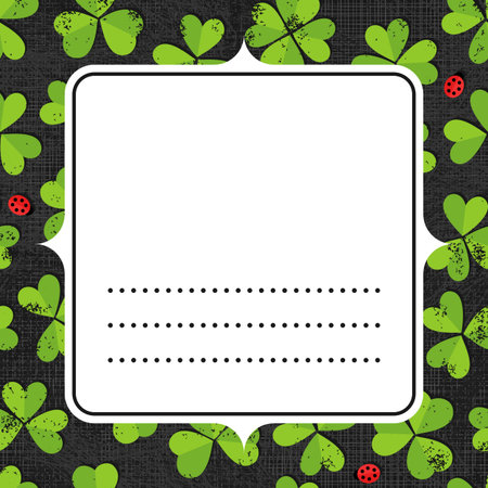 White blank retro frame with place for your text on green clover meadow with little ladybirds shamrock St Patrick Day holiday spring seamless pattern on dark gray background のイラスト素材