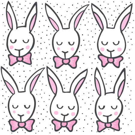 White rabbits in rows spring Easter holiday illustration on white dotted background seamless patternのイラスト素材