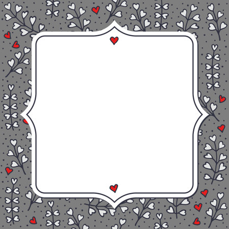 Colorful gray red white little heart shaped leaves and hearts messy natural floral hand drawn illustration elements on gray dotted background with blank retro frame greeting cardのイラスト素材