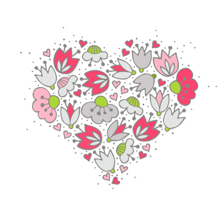 Messy different colorful pink gray flowers and hearts in heart shape on white background with little dots retro romantic botanical centerpiece illustration のイラスト素材