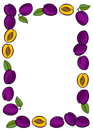 Delicious ripe plums fruit frame isolated on white background colorful illustrationのイラスト素材