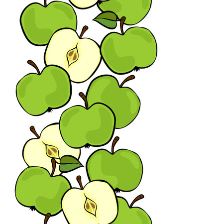 Delicious ripe green apples isolated on white background colorful fruit seamless vertical borderのイラスト素材