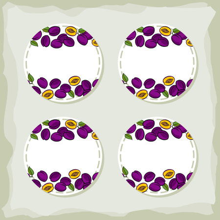 Colorful fruit delicious ripe plums round sticker set with place for your text isolated on retro backgroundのイラスト素材