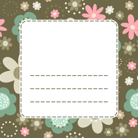 Colorful pink turquoise beige brown little flowers romantic botanical seamless pattern on dark background with white sewed retro frame with place for your textのイラスト素材