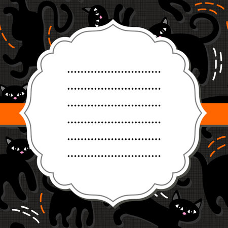White retro frame on orange ribbon with place for your text on black cats domestic animal seamless pattern on dark background seasonal card invitation posterのイラスト素材