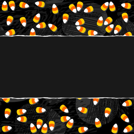 Halloween candy white yellow orange sweets autumn holiday colorful messy seamless pattern on dark background horizontal seamless torn card with blank place for your textのイラスト素材