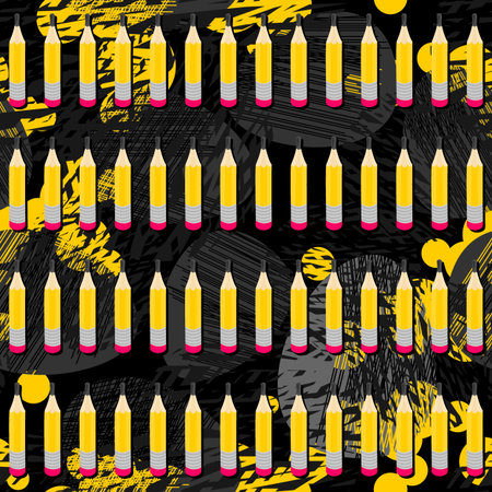 Yellow pencils in rows seamless pattern with isolated elements on dark messy backgroundのイラスト素材