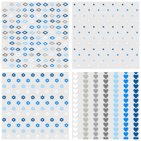 Set of white gray blue vector seamless patterns with diamonds dots flowers and hearts on light backgroundのイラスト素材