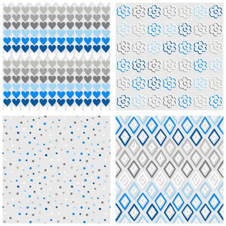Set of white gray blue vector seamless patterns with hearts flowers dots and diamonds on light backgroundのイラスト素材