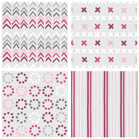 Set of white gray pink vector seamless patterns with chevron crosses dots and stripes on light backgroundのイラスト素材
