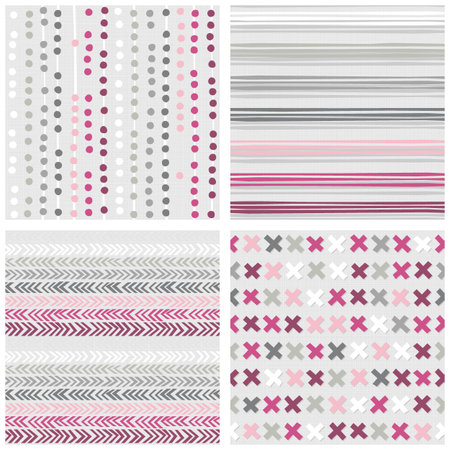Set of white gray pink vector seamless patterns with dots stripes chevron and crosses on light backgroundのイラスト素材
