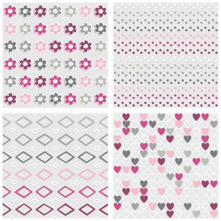 Set of white gray pink vector seamless patterns with flowers dots diamonds and hearts on light backgroundのイラスト素材