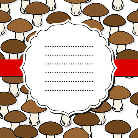 Boletus mushrooms white beige brown autumn seasonal seamless pattern on white background with retro frame and red ribbonのイラスト素材