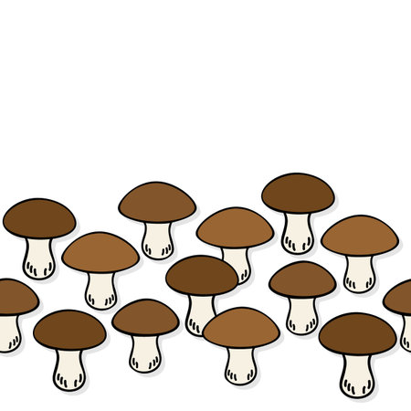 Boletus mushrooms white beige brown autumn seasonal seamless horizontal border on white backgroundのイラスト素材