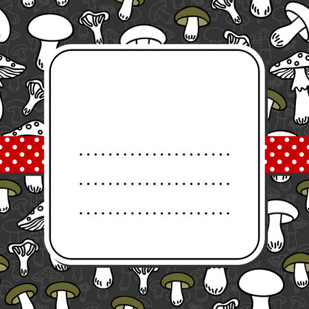 Different mushroom types monochrome seamless pattern with green elements on dark background with retro frame and red dotted ribbonのイラスト素材