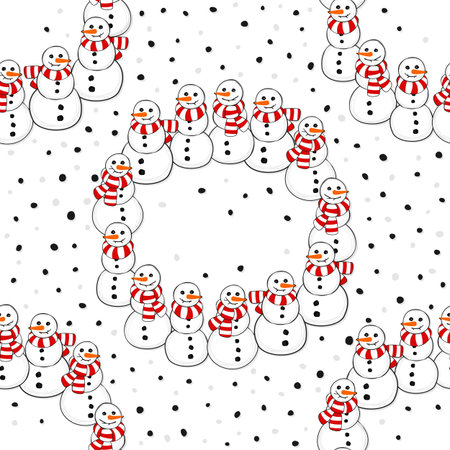 Happy snowmen with stripped scarfs wreath Christmas winter holiday seamless pattern on white backgroundのイラスト素材
