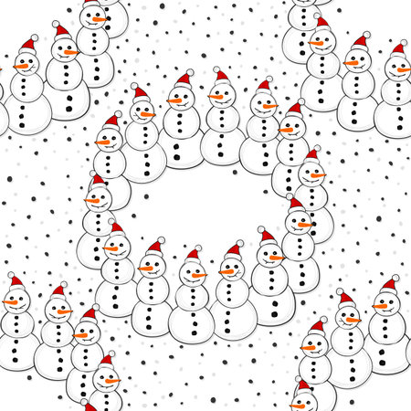 Happy snowmen in Santa Claus hats wreath Christmas winter holiday illustration on white background seamless patternのイラスト素材