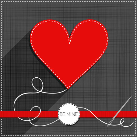 red heart sewed romantic Valentines Day card on gray background with red ribbon and be mine badgeのイラスト素材