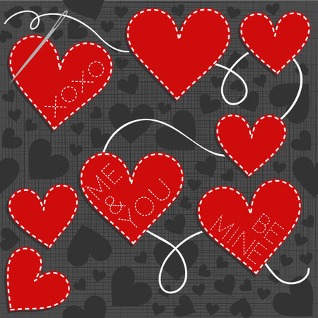 lovely sewed romantic Valentines Day seamless pattern with embroidered text on gray backgroundのイラスト素材