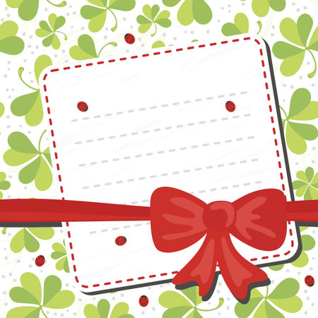 red bow on clover meadow with ladybugs blank card with place for your text on white backgroundのイラスト素材