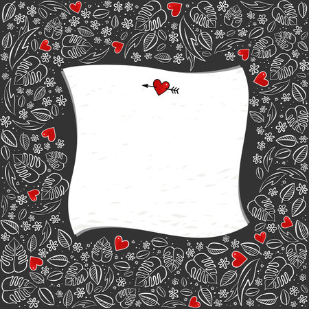 secret garden square frame with red hearts monochrome floral spring summer seasonal messy card with blank paper on dark backgroundのイラスト素材