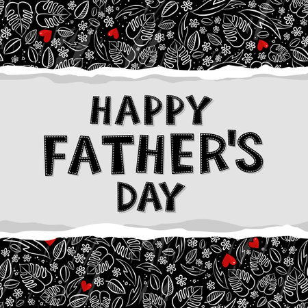 secret garden floral monochrome spring summer seasonal messy Father39s Day card with red hearts on dark background with horizontal torn paperのイラスト素材