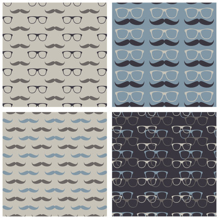 mustache hipster glasses blue gray beige geometrical seamless pattern setのイラスト素材