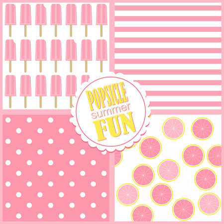 pink grapefruit popsicle summer fun summertime cool fruit dessert vector seamless pattern setのイラスト素材