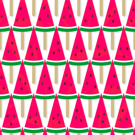 yummy pieces of watermelon fruit on sticks in horizontal rows summertime   seamless pattern on a white backgroundのイラスト素材
