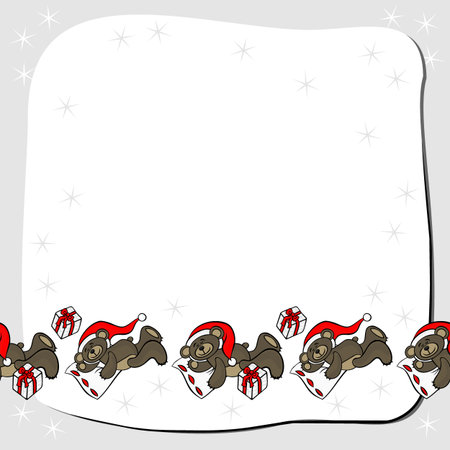 sleeping brown animal toy teddy bear with Santa Claus hat and Christmas gift seasonal decorative card with seamless horizontal border on a white backgroundのイラスト素材